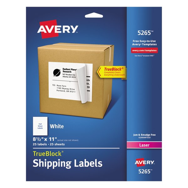 Avery Shipping Labels w/TrueBlock Tech, Laser Printers, 8.5x11, White, PK25 05265